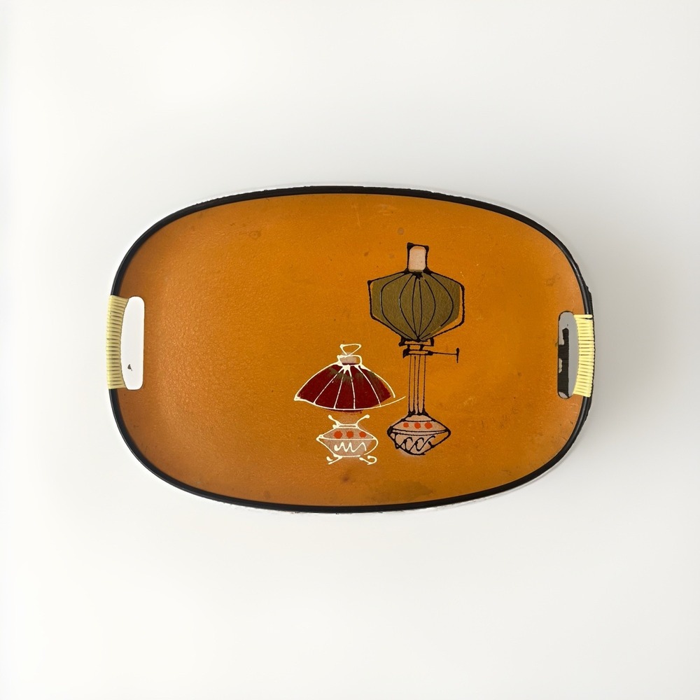 Vintage 1960s MCM Oval Serving Tray Burnt Orange Asian Lantern Fan Japan 18"